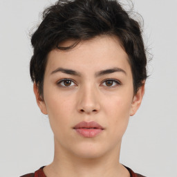 Neutral white young-adult female with short  brown hair and brown eyes