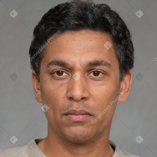 Neutral white adult male with short  black hair and brown eyes