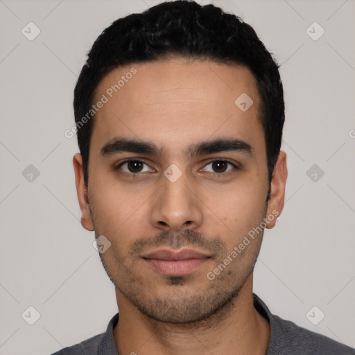 Neutral latino young-adult male with short  black hair and brown eyes