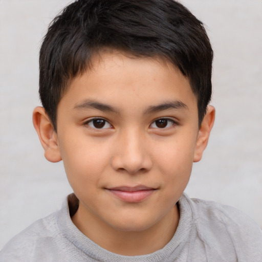 Joyful asian child male with short  brown hair and brown eyes