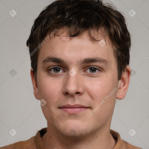 Neutral white young-adult male with short  brown hair and grey eyes