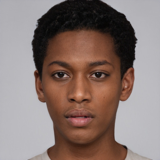 Neutral black young-adult male with short  black hair and brown eyes