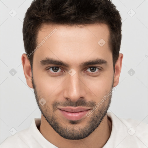 Joyful white young-adult male with short  brown hair and brown eyes