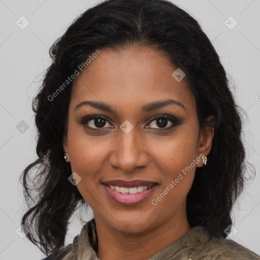 Joyful black young-adult female with medium  brown hair and brown eyes