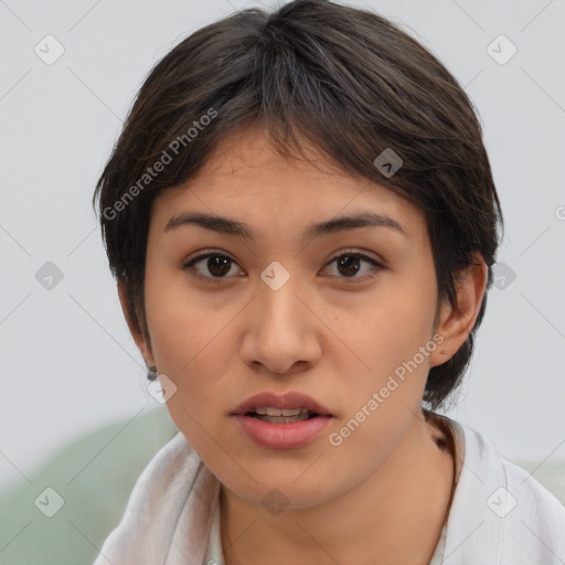 Neutral white young-adult female with medium  brown hair and brown eyes