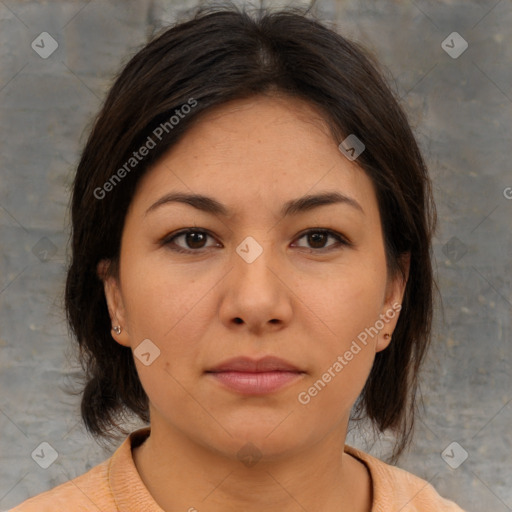 Neutral asian young-adult female with medium  brown hair and brown eyes