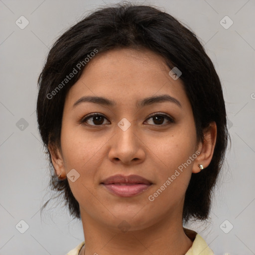 Joyful white young-adult female with medium  brown hair and brown eyes