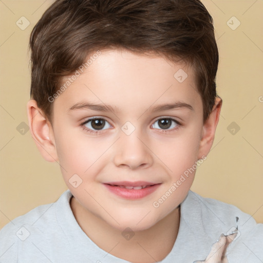 Joyful white child male with short  brown hair and brown eyes