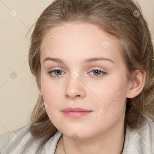 Neutral white young-adult female with medium  brown hair and grey eyes