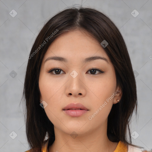 Neutral asian young-adult female with medium  brown hair and brown eyes