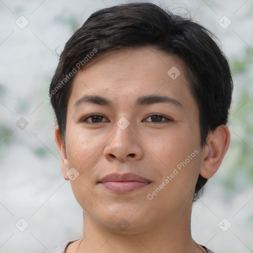 Joyful asian young-adult female with short  brown hair and brown eyes