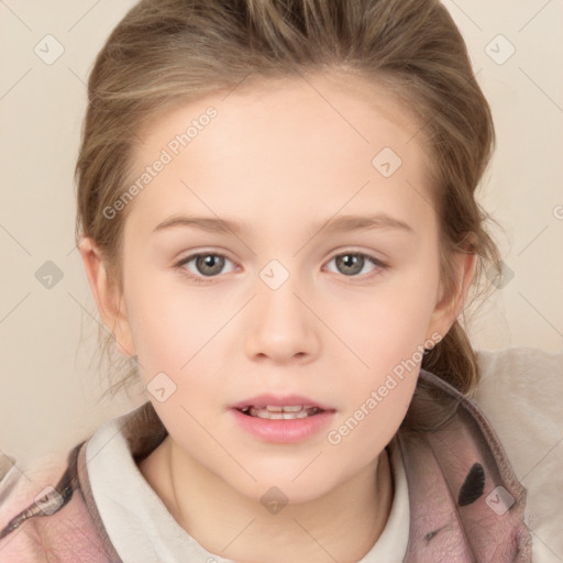 Neutral white child female with medium  brown hair and grey eyes