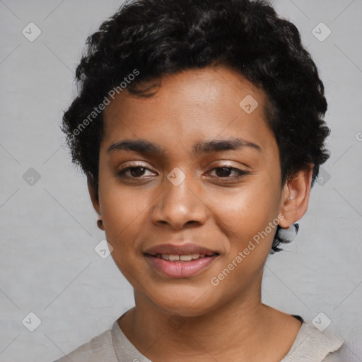 Joyful latino young-adult female with short  black hair and brown eyes