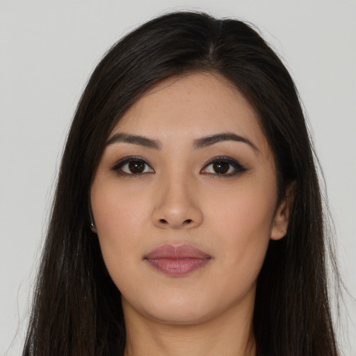 Neutral asian young-adult female with long  brown hair and brown eyes