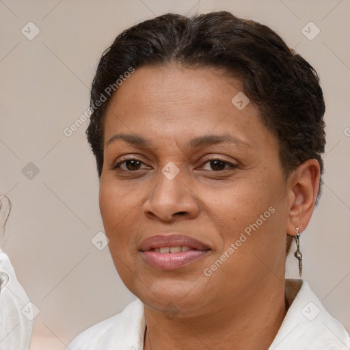 Joyful white adult female with short  brown hair and brown eyes