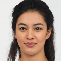 Joyful asian young-adult female with medium  brown hair and brown eyes