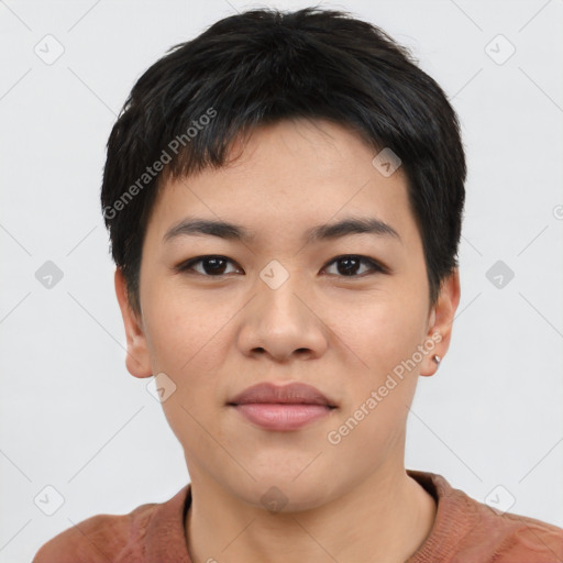 Joyful asian young-adult female with short  black hair and brown eyes