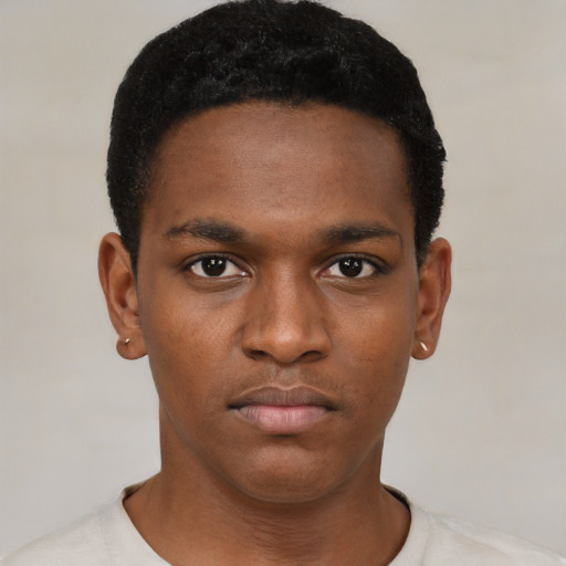 Neutral black young-adult male with short  black hair and brown eyes