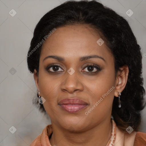 Joyful black young-adult female with medium  brown hair and brown eyes
