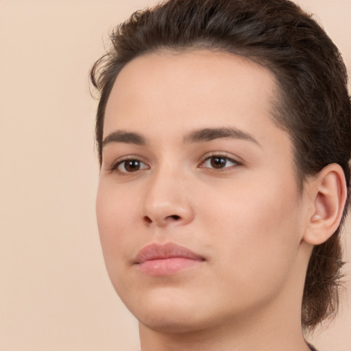 Neutral white young-adult female with medium  brown hair and brown eyes