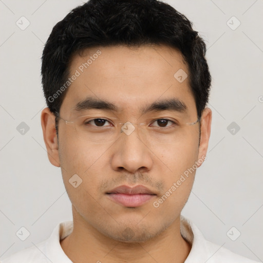 Neutral asian young-adult male with short  black hair and brown eyes