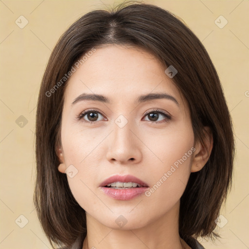 Neutral white young-adult female with medium  brown hair and brown eyes