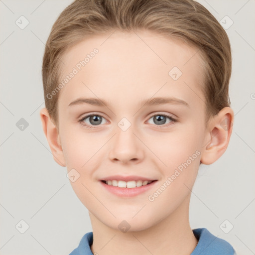 Joyful white child female with short  brown hair and brown eyes