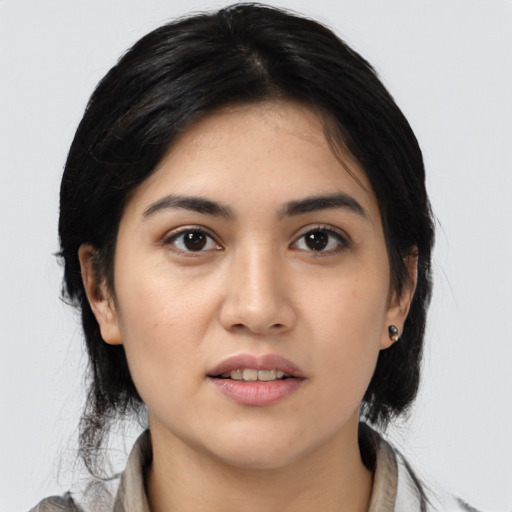 Neutral asian young-adult female with medium  black hair and brown eyes