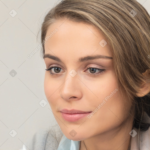 Neutral white young-adult female with medium  brown hair and brown eyes