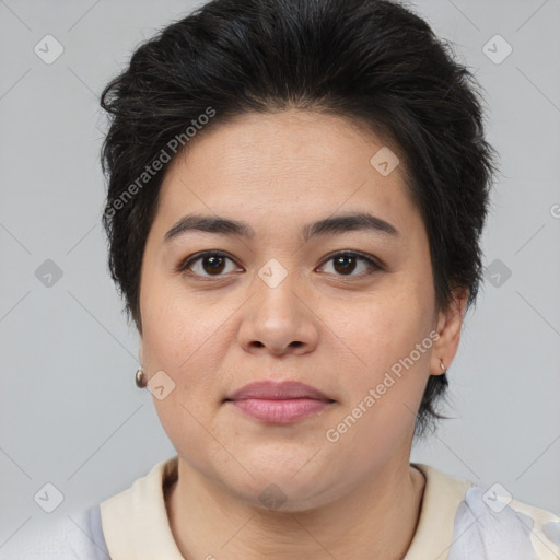 Joyful asian young-adult female with short  brown hair and brown eyes