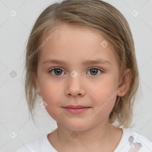 Neutral white child female with medium  brown hair and blue eyes