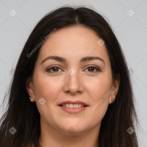 Joyful white young-adult female with long  brown hair and brown eyes