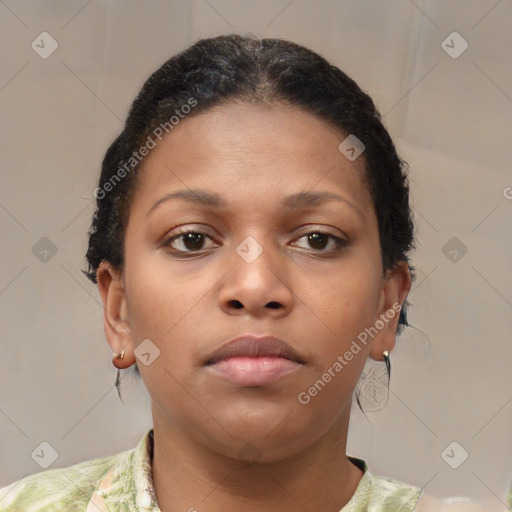Neutral black young-adult female with short  brown hair and brown eyes