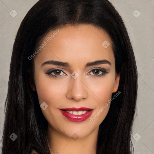 Joyful white young-adult female with long  brown hair and brown eyes