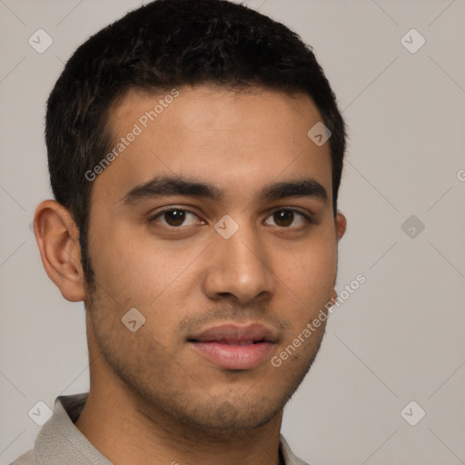 Neutral latino young-adult male with short  brown hair and brown eyes