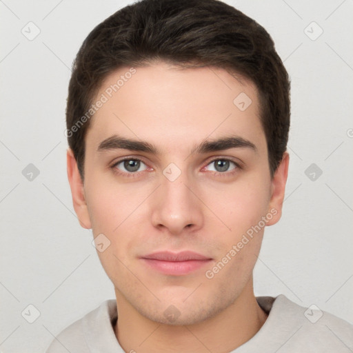 Neutral white young-adult male with short  brown hair and brown eyes