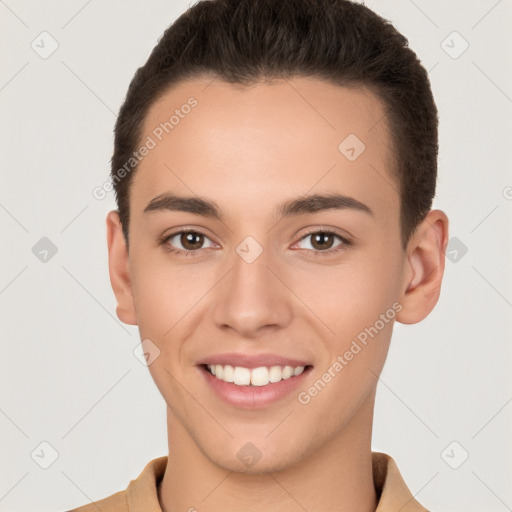 Joyful white young-adult female with short  brown hair and brown eyes