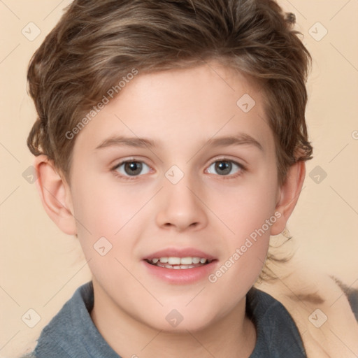 Joyful white child female with short  brown hair and brown eyes