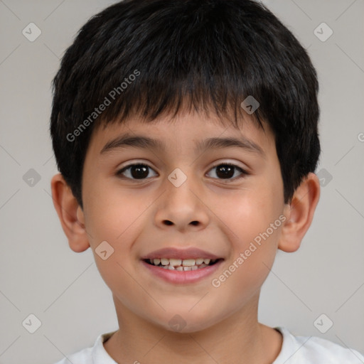 Joyful white child male with short  brown hair and brown eyes