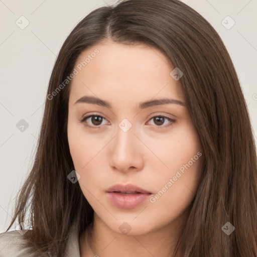 Neutral white young-adult female with long  brown hair and brown eyes