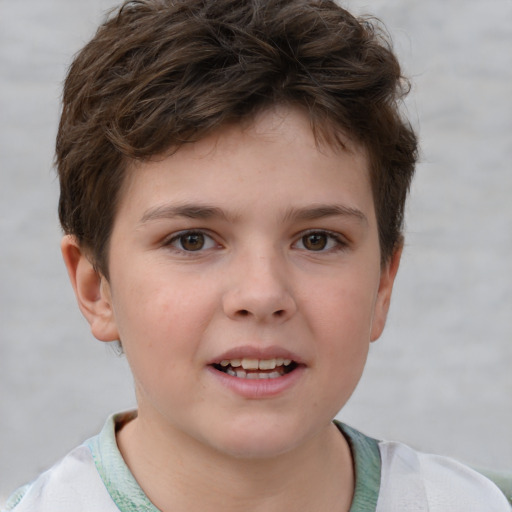 Joyful white child female with short  brown hair and brown eyes