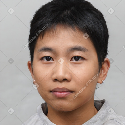 Neutral asian young-adult male with short  black hair and brown eyes