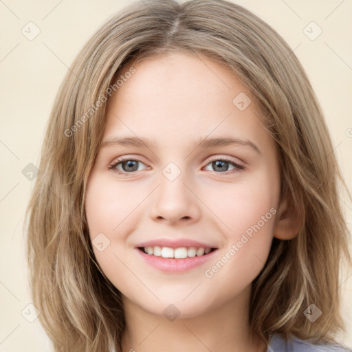 Joyful white child female with medium  brown hair and grey eyes