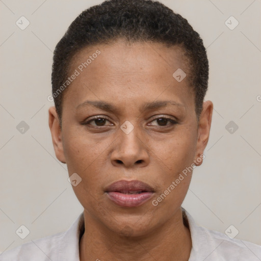 Neutral latino young-adult female with short  brown hair and brown eyes