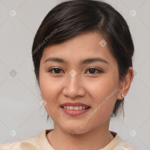 Joyful white young-adult female with medium  brown hair and brown eyes