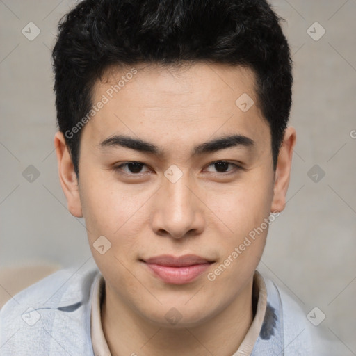 Joyful latino young-adult male with short  brown hair and brown eyes