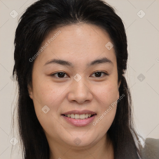 Joyful white young-adult female with long  brown hair and brown eyes