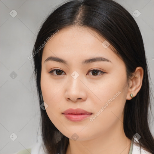 Neutral white young-adult female with medium  brown hair and brown eyes