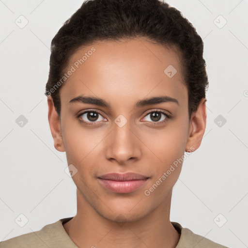 Neutral latino young-adult female with short  brown hair and brown eyes