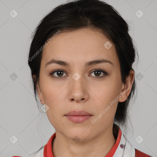 Neutral white young-adult female with medium  brown hair and brown eyes